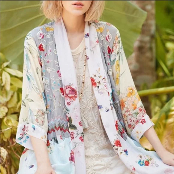 Johnny Was Pastel Floral Embroidery Silk Kimono Size Small - Picture 1 of 5